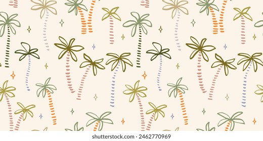 Nahtloses Muster mit Tinte Doodle Palmen. Angesagter tropischer Hintergrund. Handgezeichnete Vektorillustration. Boho, Strand, Dschungel-Bildschirmhintergrund. 