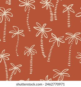 Seamless pattern with ink doodle Palm trees. Trendy tropical background. Hand drawn vector illustration. Boho, beach , jungle wallpaper. 