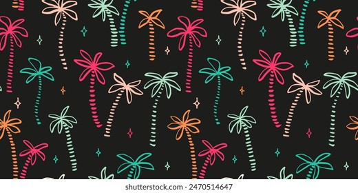 Seamless pattern with ink doodle Palm trees. Trendy tropical background. Hand drawn vector illustration. Boho, beach , jungle wallpaper.