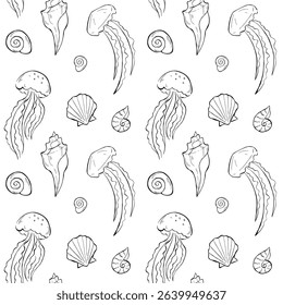Seamless pattern with ink drawing of seashells and jellyfish. Oceanic life design for fabric, textile, packaging, or wrapping paper. Line vector illustrations isolated on white background. 
