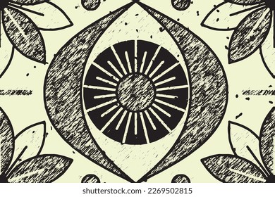 Seamless pattern with ink drawing. Texture sketch ornament: decorative art eye, flower with geometric shapes. Vintage print with a mystical vibe. Black and white background. Vector illustration.