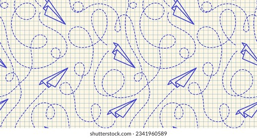 Seamless pattern with ink drawn paper airplane and dotted lines on a checkered notebook sheet background in flat style