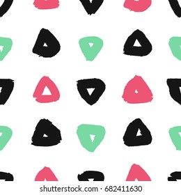 Seamless pattern with ink drawn simple triangles on white background. Ink grunge texture. Design element for fabric, textile, wrapping paper. 