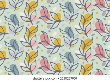 Seamless pattern with ink floral leaves hand drawn doodle and abstract colored round shapes. Classic background, textile print ornament, fashion design vector element texture.