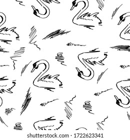 patrón impecable con cisne florido de tinta. ilustración vectorial.