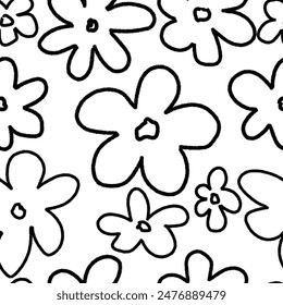 Seamless pattern with  ink flowers. Hand drawn floral botanical design. Modern print for textile, fabric, wallpaper, wrapping, scrapbook and packaging	