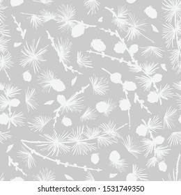 Seamless pattern ink hand drawn sketch illustration of larch branches, cones isolated on white background For vintage Merry christmas card, new year conifer tree decorative design Engraving style