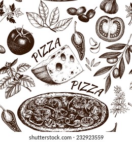 Seamless pattern with ink hand drawn pizza illustration isolated on white. Pizza sketch vector background.