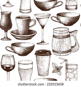 Seamless pattern with ink hand drawn drinks cups, glass and mugs illustration isolated on white. Vintage drink sketch background