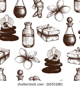Seamless pattern with Ink hand drawn spa sketch  isolated on white. Vintage spa background
