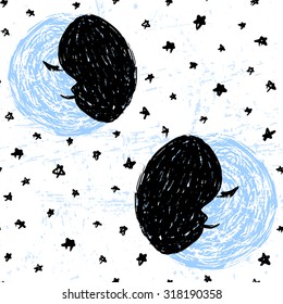 Seamless pattern with ink hand drawn moon and stars/Vector ornament with textured night sky/Artistic background with painted moon and stars on white background