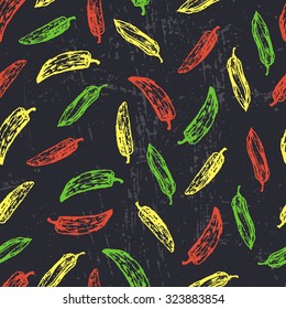 Seamless pattern with ink hand drawn red, yellow and green pepper
