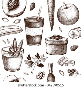 Seamless pattern with ink hand drawn diet elements  sketch. Vintage healthy food and detox program background. 