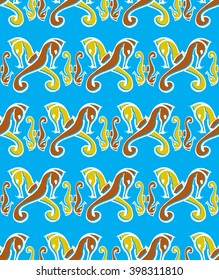 Seamless Pattern with Ink Hand Drawn Sea Horse on Blue Background. Vector Illustration.