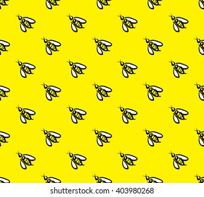 Seamless Pattern with Ink Hand Drawn Bees on Yellow Background. Vector illustration.