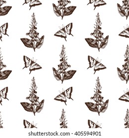 Seamless pattern with Ink hand drawn Machaon butterflies illustration and Foxglove flower sketch. Vector Background with highly detailed moth and poisonous plant sketch