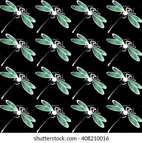 Seamless Pattern with Ink Hand Drawn Dragonfly on Black. Sketched Insects on Black Background. Black White and Turquoise Fly Flora Print. Vector Illustration.