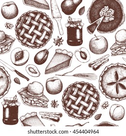 Seamless pattern with ink hand drawn fruit desserts sketch. Vintage harvest background. Vector colorful cake, tart and pie illustration for bakery design.