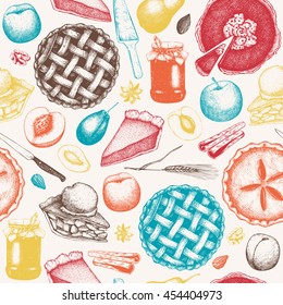 Seamless pattern with ink hand drawn fruit desserts sketch. Vintage harvest background. Vector colorful cake, tart and pie illustration for bakery design.