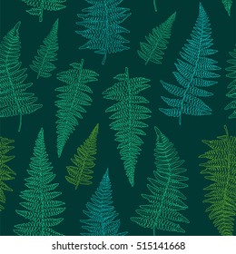 Seamless pattern with ink hand drawn fern leaves on dark green background. Vector illustration