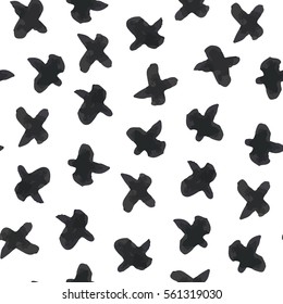 Seamless pattern with ink hand drawn cross shapes. Abstract check mark pattern. Hand painted ticks with rough edges. Dry brush illustration.