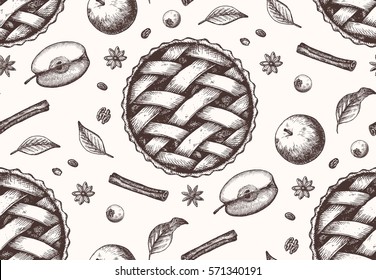 Seamless pattern with ink hand drawn apple pie sketch.