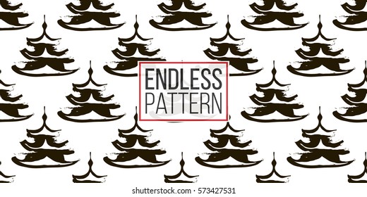 Seamless pattern with ink hand drawn brushstroke pagoda. Background with japanese national symbols and elements. 