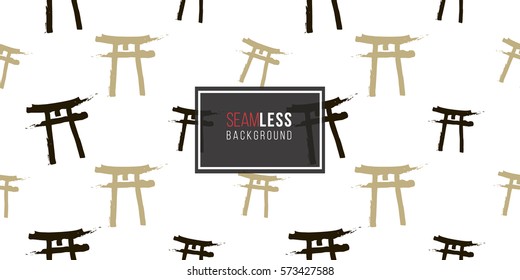 Seamless pattern with ink hand drawn brushstroke torii. Background with japanese national symbols and elements. 