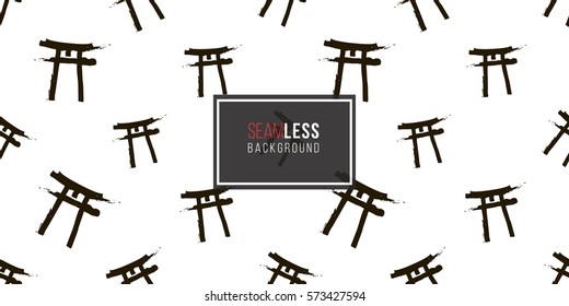 Seamless pattern with ink hand drawn brushstroke torii. Background with japanese national symbols and elements. 