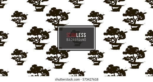 Seamless pattern with ink hand drawn brushstroke bonsai. Background with japanese national symbols and elements. 