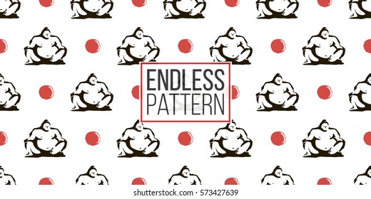 Seamless pattern with ink hand drawn brushstroke sumo and sun. Background with japanese national symbols and elements. 