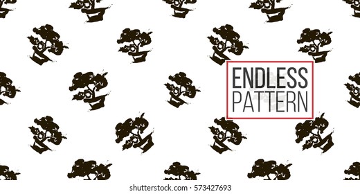 Seamless pattern with ink hand drawn brushstroke bonsai. Background with japanese national symbols and elements. 