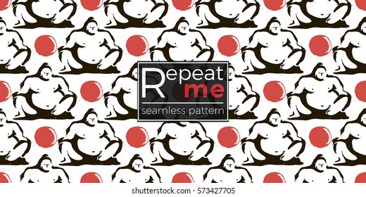 Seamless pattern with ink hand drawn brushstroke sumo and sun. Background with japanese national symbols and elements. 
