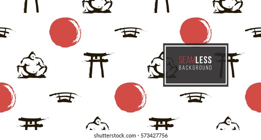 Seamless pattern with ink hand drawn brushstroke sword, sumo, sun, torii. Background with japanese national symbols and elements. 