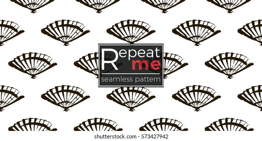 Seamless pattern with ink hand drawn brushstroke fan. Background with japanese national symbols and elements. 