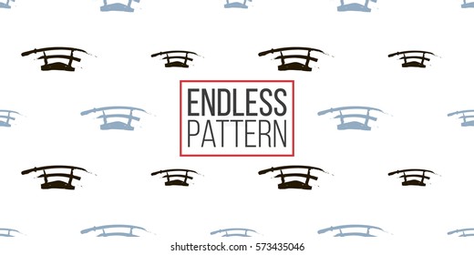 Seamless pattern with ink hand drawn brushstroke sword. Background with japanese national symbols and elements. 