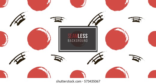 Seamless pattern with ink hand drawn brushstroke sword and sun. Background with japanese national symbols and elements. 