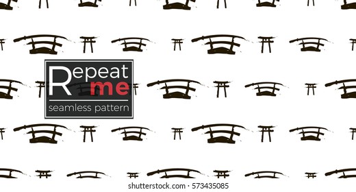 Seamless pattern with ink hand drawn brushstroke sword and torii. Background with japanese national symbols and elements. 