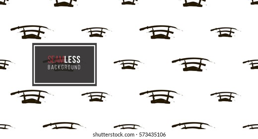 Seamless pattern with ink hand drawn brushstroke sword. Background with japanese national symbols and elements. 