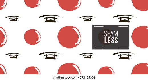 Seamless pattern with ink hand drawn brushstroke sword and sun. Background with japanese national symbols and elements. 