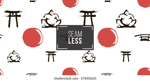 Seamless pattern with ink hand drawn brushstroke sword, sumo, sun, torii. Background with japanese national symbols and elements. 