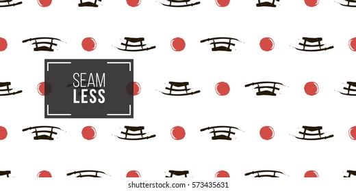 Seamless pattern with ink hand drawn brushstroke sword and sun. Background with japanese national symbols and elements. 