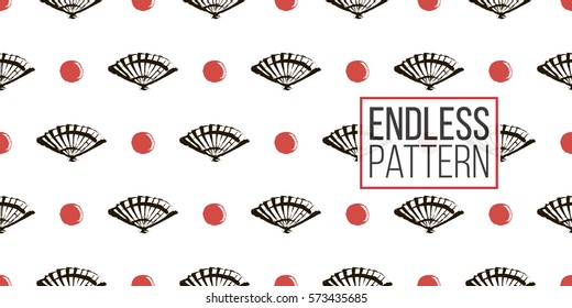 Seamless pattern with ink hand drawn brushstroke fan and sun. Background with japanese national symbols and elements. 