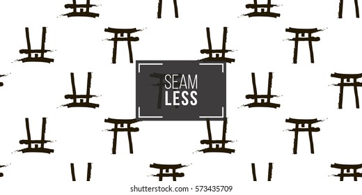 Seamless pattern with ink hand drawn brushstroke torii. Background with japanese national symbols and elements. 