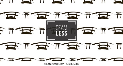 Seamless pattern with ink hand drawn brushstroke sword and torii. Background with japanese national symbols and elements. 