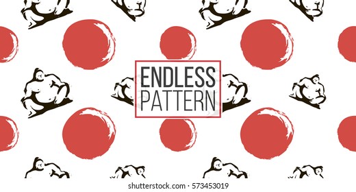 Seamless pattern with ink hand drawn brushstroke sumo and sun. Background with japanese national symbols and elements. 