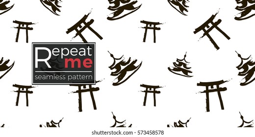 Seamless pattern with ink hand drawn brushstroke pagoda and torii. Background with japanese national symbols and elements. 