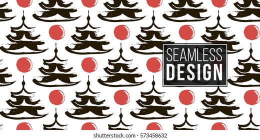 Seamless pattern with ink hand drawn brushstroke pagoda and sun. Background with japanese national symbols and elements. 