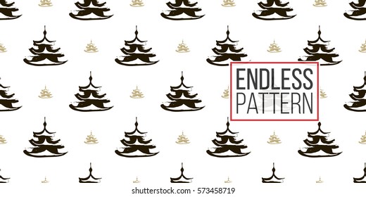 Seamless pattern with ink hand drawn brushstroke pagoda. Background with japanese national symbols and elements. 