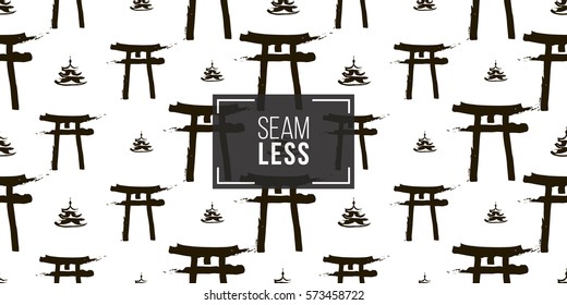 Seamless pattern with ink hand drawn brushstroke pagoda and torii. Background with japanese national symbols and elements. 